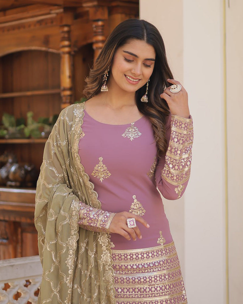 Beautiful Onion Color Georgette Three Piece Palazzo Suit