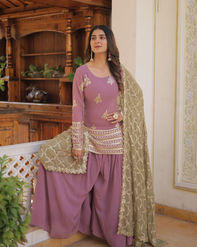 Beautiful Onion Color Georgette Three Piece Palazzo Suit