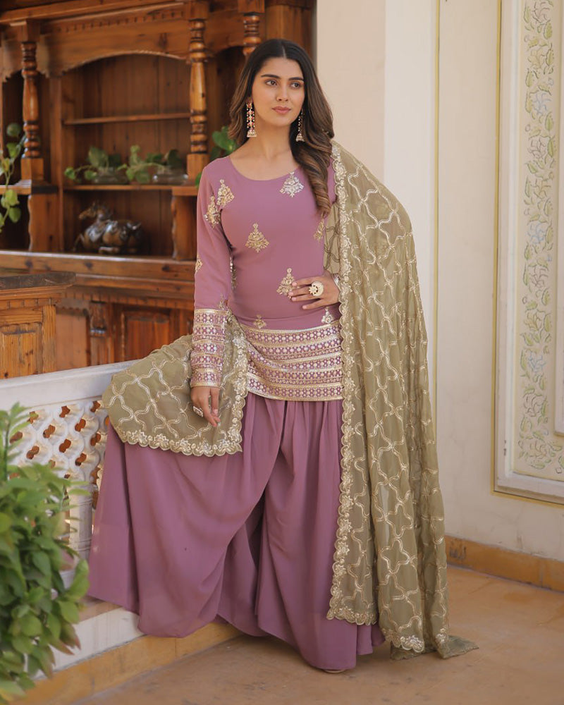 Beautiful Onion Color Georgette Three Piece Palazzo Suit