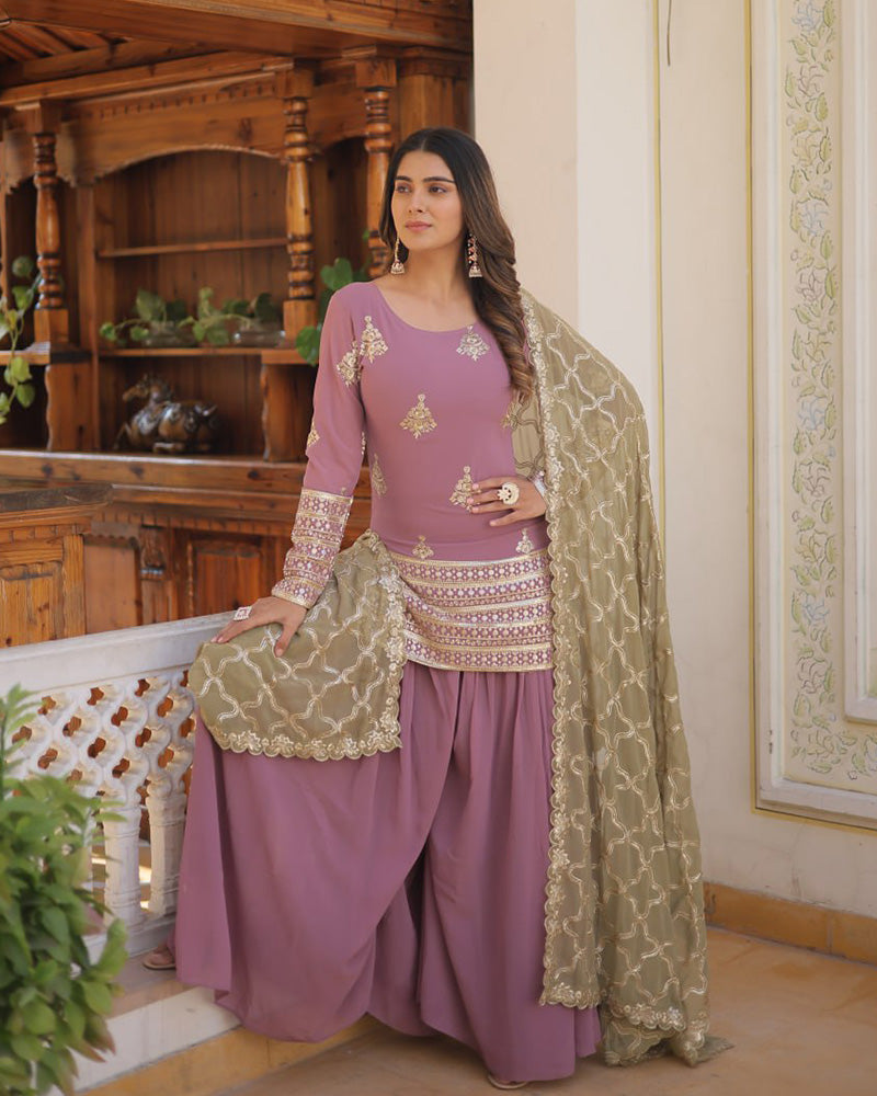 Beautiful Onion Color Georgette Three Piece Palazzo Suit