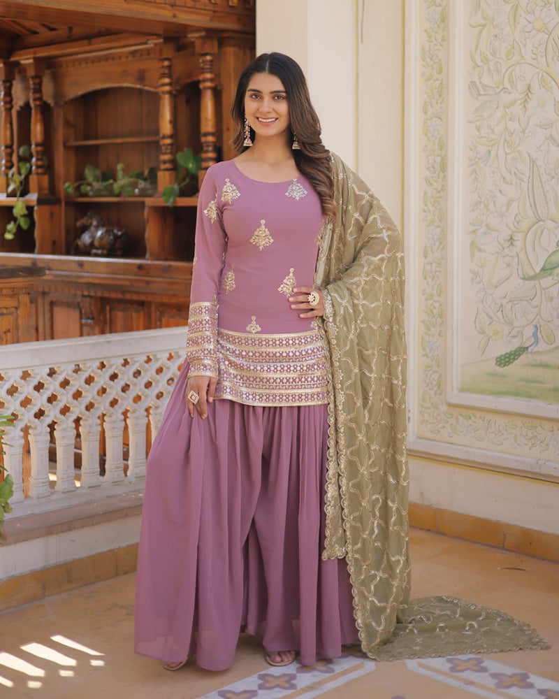 Beautiful Onion Color Georgette Three Piece Palazzo Suit
