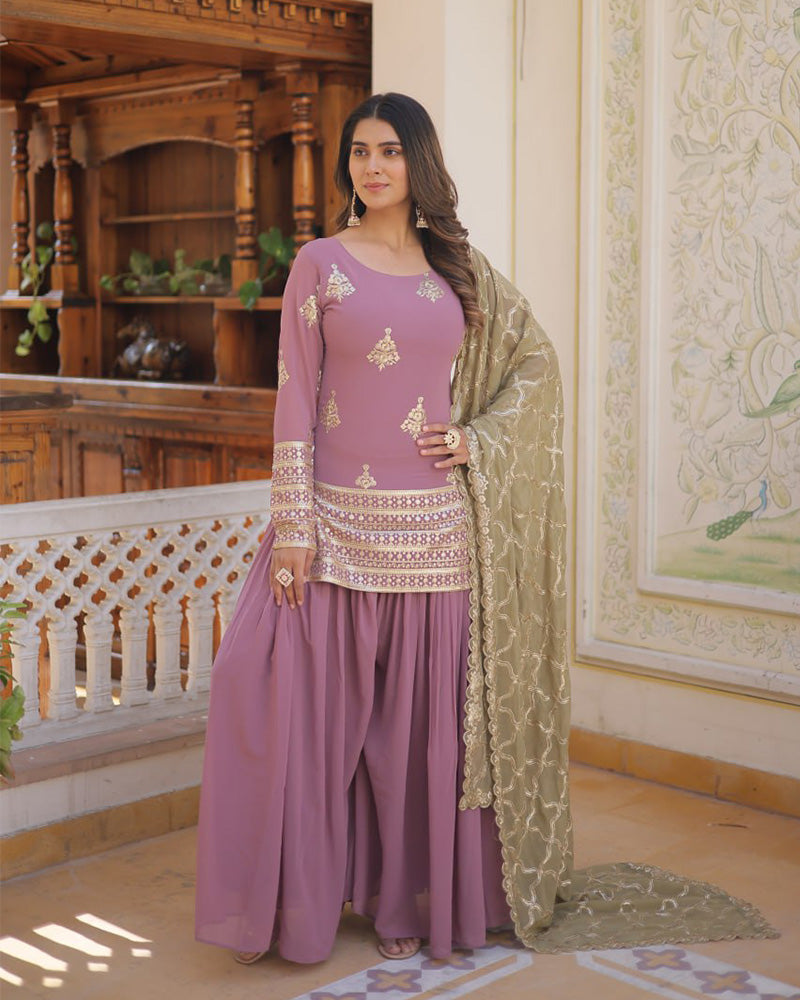 Beautiful Onion Color Georgette Three Piece Palazzo Suit