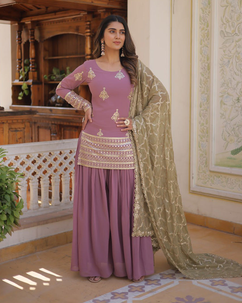 Beautiful Onion Color Georgette Three Piece Palazzo Suit