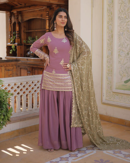 Beautiful Onion Color Georgette Three Piece Palazzo Suit