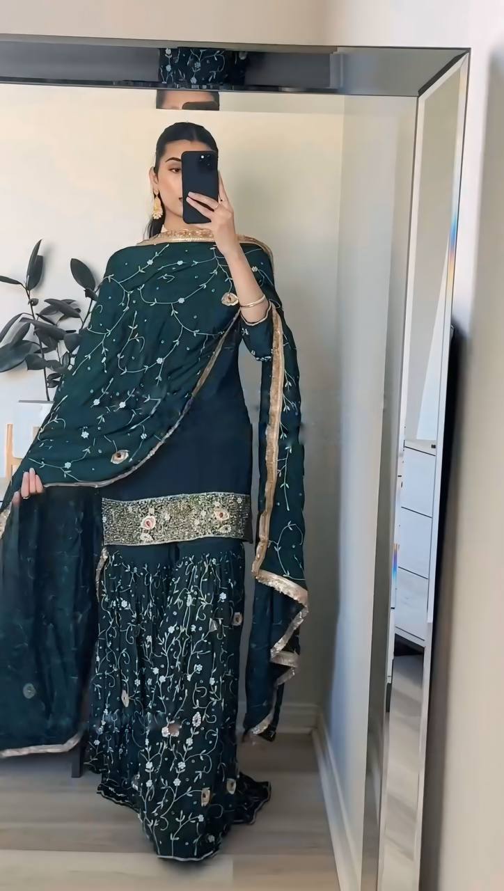 Elegant Party Wear Designer Set with Embroidered Top Gharara With Dupatta