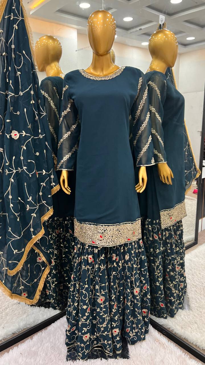 Elegant Party Wear Designer Set with Embroidered Top Gharara With Dupatta