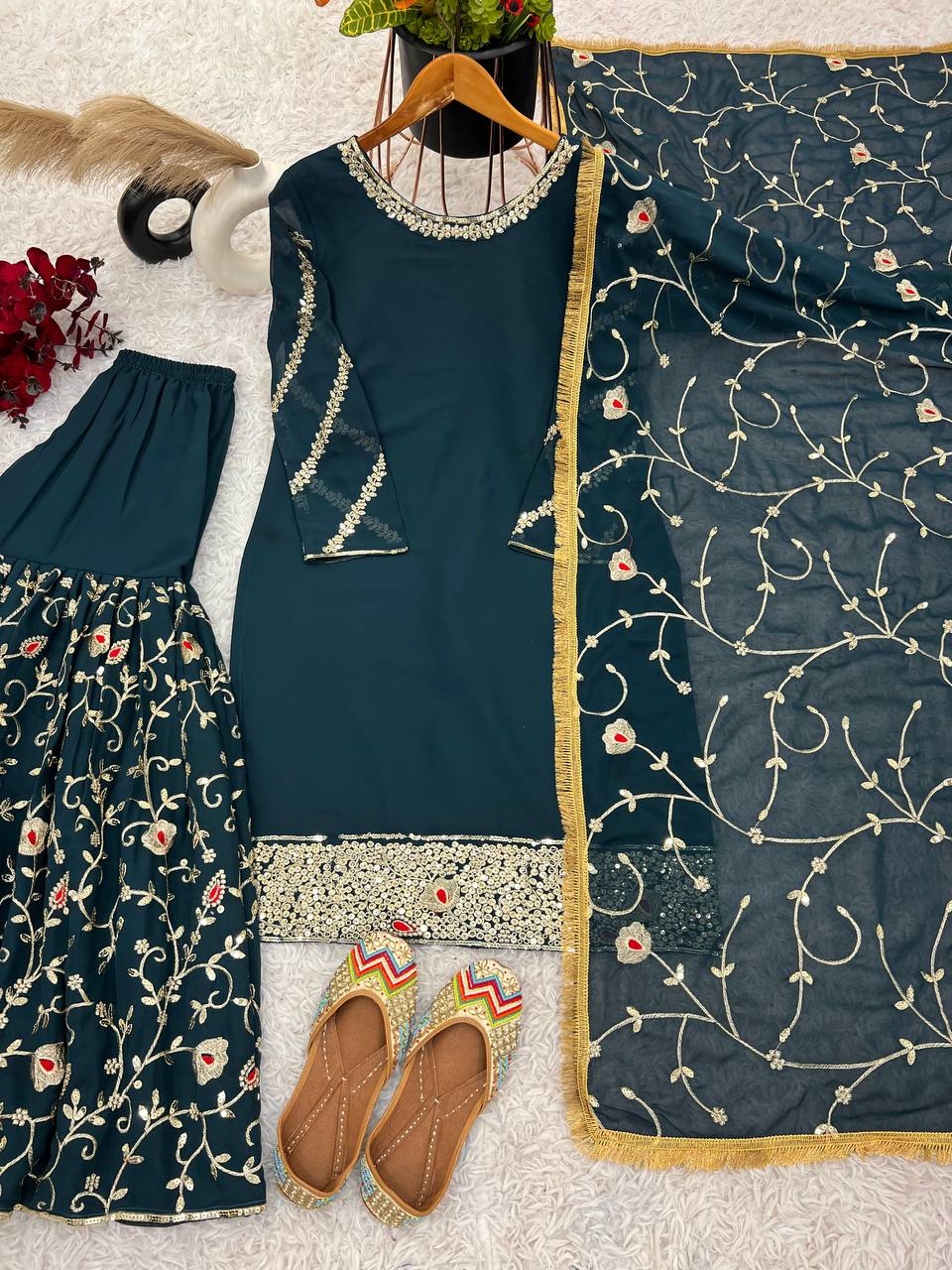 Elegant Party Wear Designer Set with Embroidered Top Gharara With Dupatta