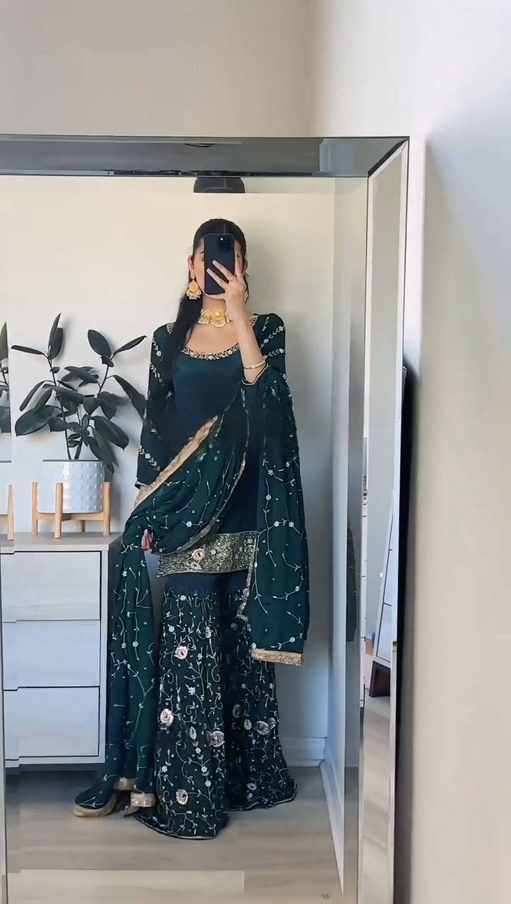 Elegant Party Wear Designer Set with Embroidered Top Gharara With Dupatta
