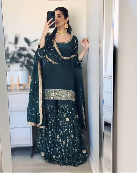 Elegant Party Wear Designer Set with Embroidered Top Gharara With Dupatta