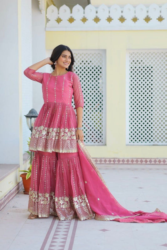 Fancy Baby Pink Color Pure Simmar With Heavy 3mm Sequence Work Beautiful Sharara Suit