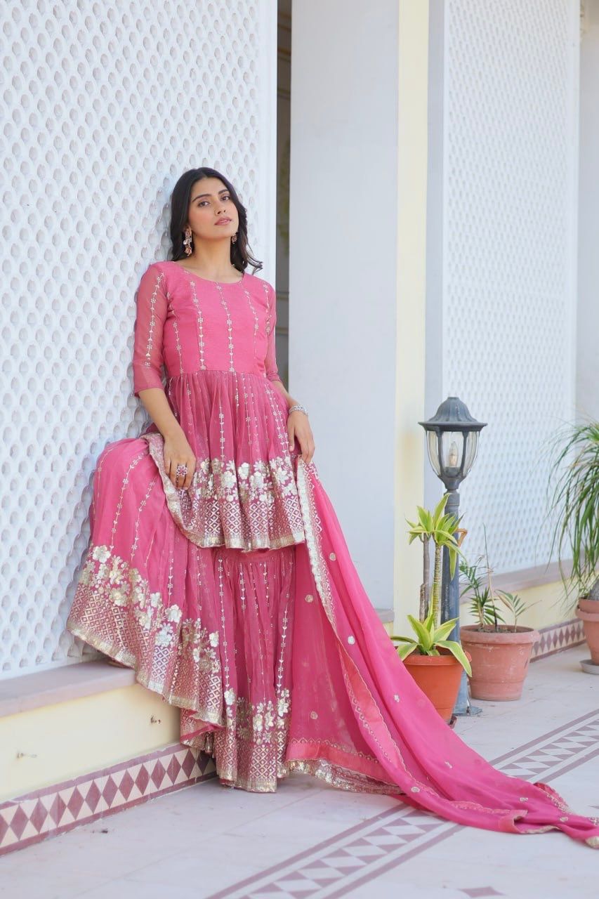 Fancy Baby Pink Color Pure Simmar With Heavy 3mm Sequence Work Beautiful Sharara Suit