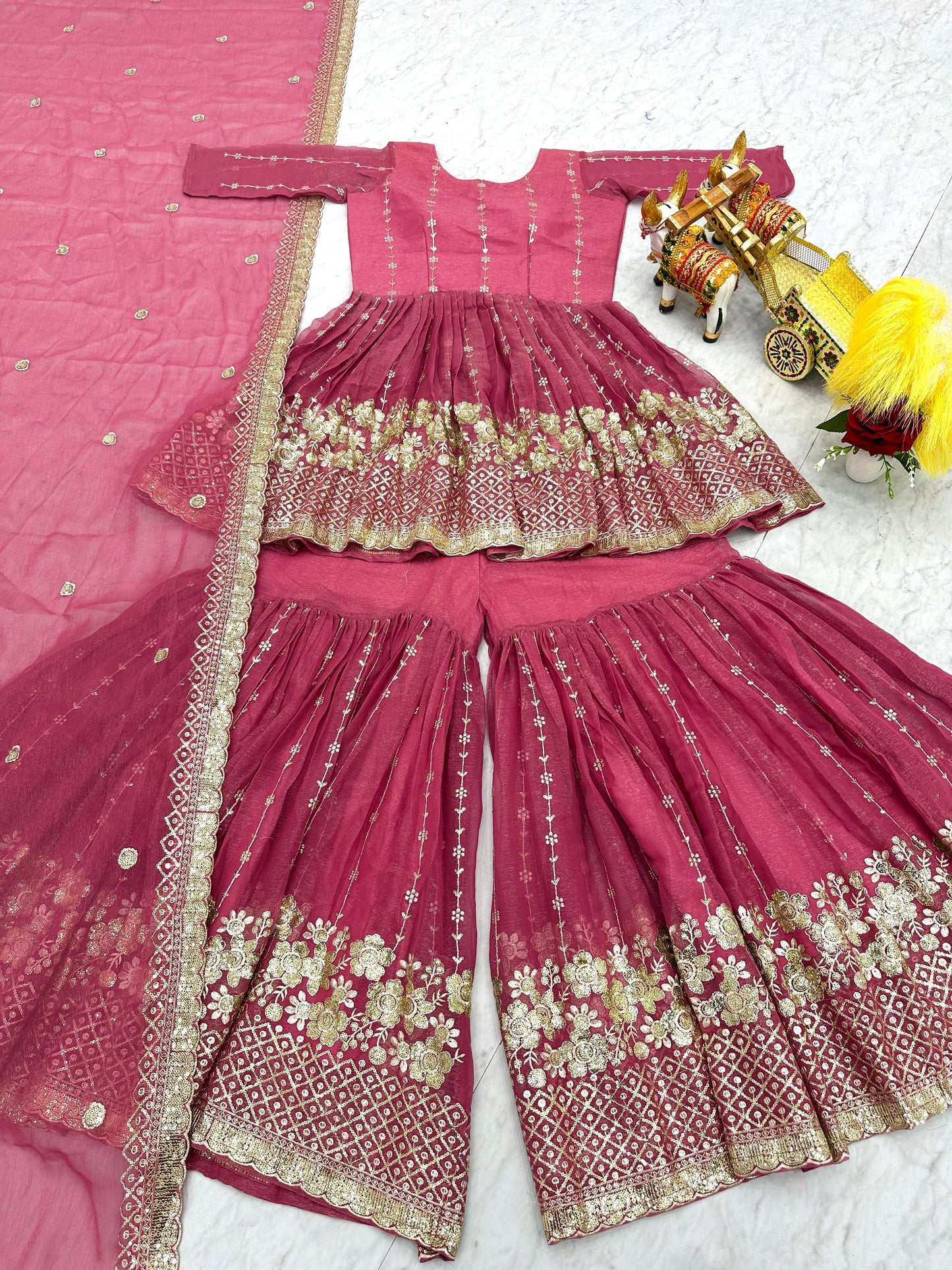 Fancy Baby Pink Color Pure Simmar With Heavy 3mm Sequence Work Beautiful Sharara Suit