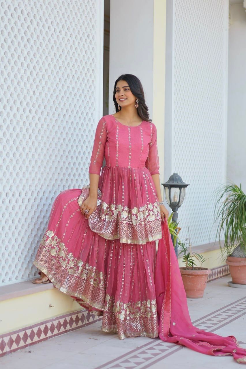 Fancy Baby Pink Color Pure Simmar With Heavy 3mm Sequence Work Beautiful Sharara Suit