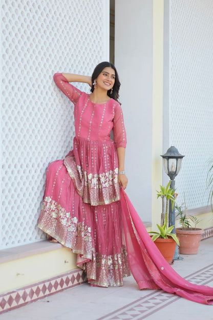 Fancy Baby Pink Color Pure Simmar With Heavy 3mm Sequence Work Beautiful Sharara Suit
