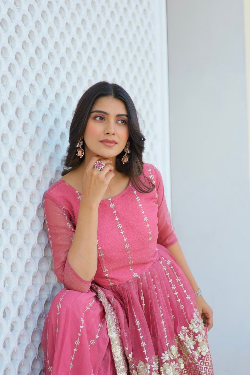 Fancy Baby Pink Color Pure Simmar With Heavy 3mm Sequence Work Beautiful Sharara Suit