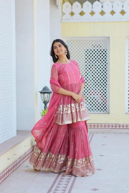 Fancy Baby Pink Color Pure Simmar With Heavy 3mm Sequence Work Beautiful Sharara Suit