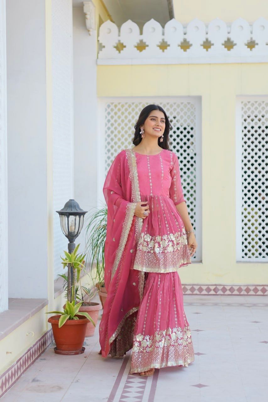 Fancy Baby Pink Color Pure Simmar With Heavy 3mm Sequence Work Beautiful Sharara Suit