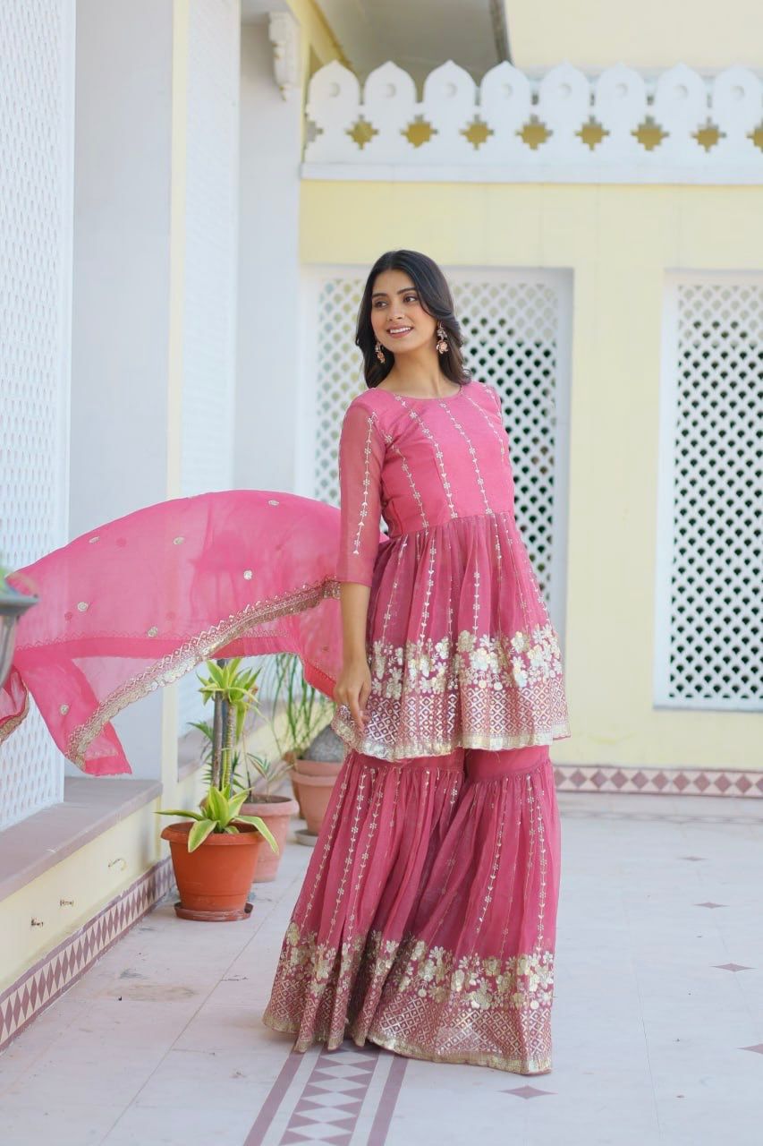 Fancy Baby Pink Color Pure Simmar With Heavy 3mm Sequence Work Beautiful Sharara Suit