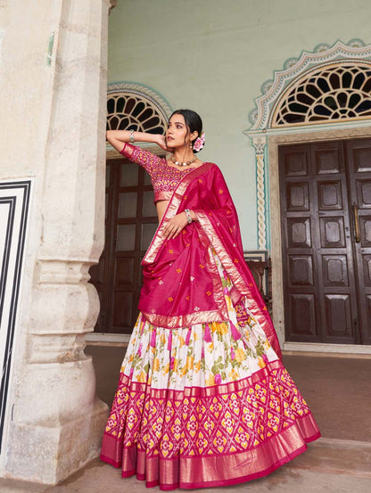 Pink Color Floral And Patola Printed With Foil Work Tussar Silk Lehenga Choli