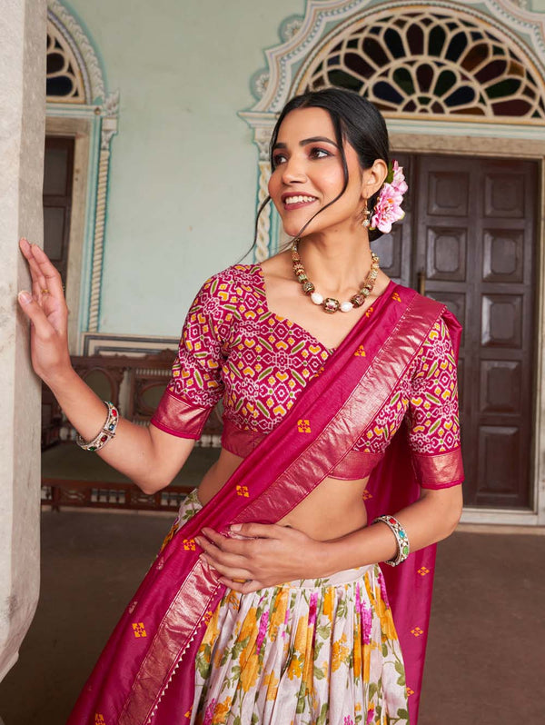 Pink Color Floral And Patola Printed With Foil Work Tussar Silk Lehenga Choli