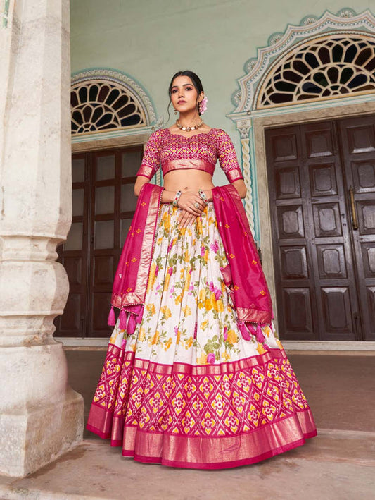 Pink Color Floral And Patola Printed With Foil Work Tussar Silk Lehenga Choli