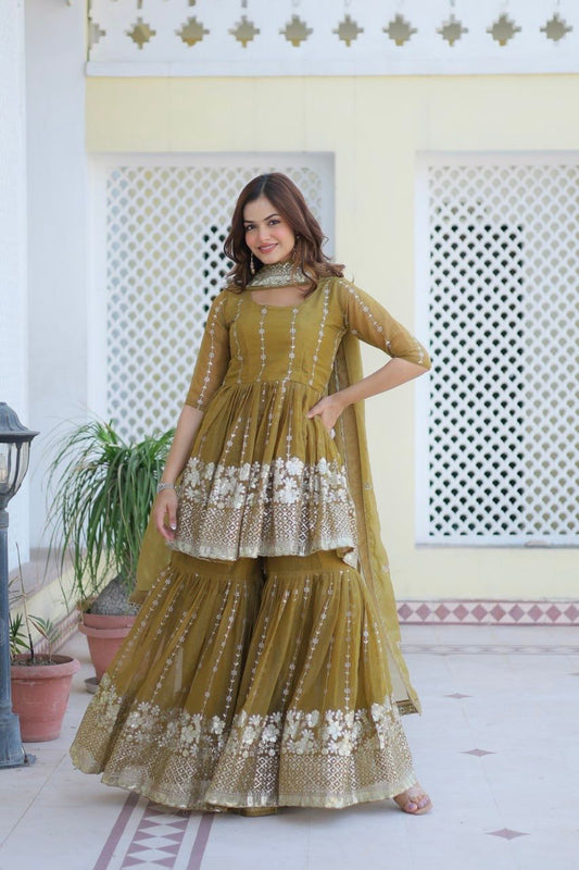 Fancy Mehndi Green Color Pure Simmar With Heavy 3mm Sequence Work Beautiful Sharara Suit