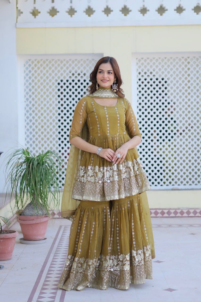 Fancy Mehndi Green Color Pure Simmar With Heavy 3mm Sequence Work Beautiful Sharara Suit