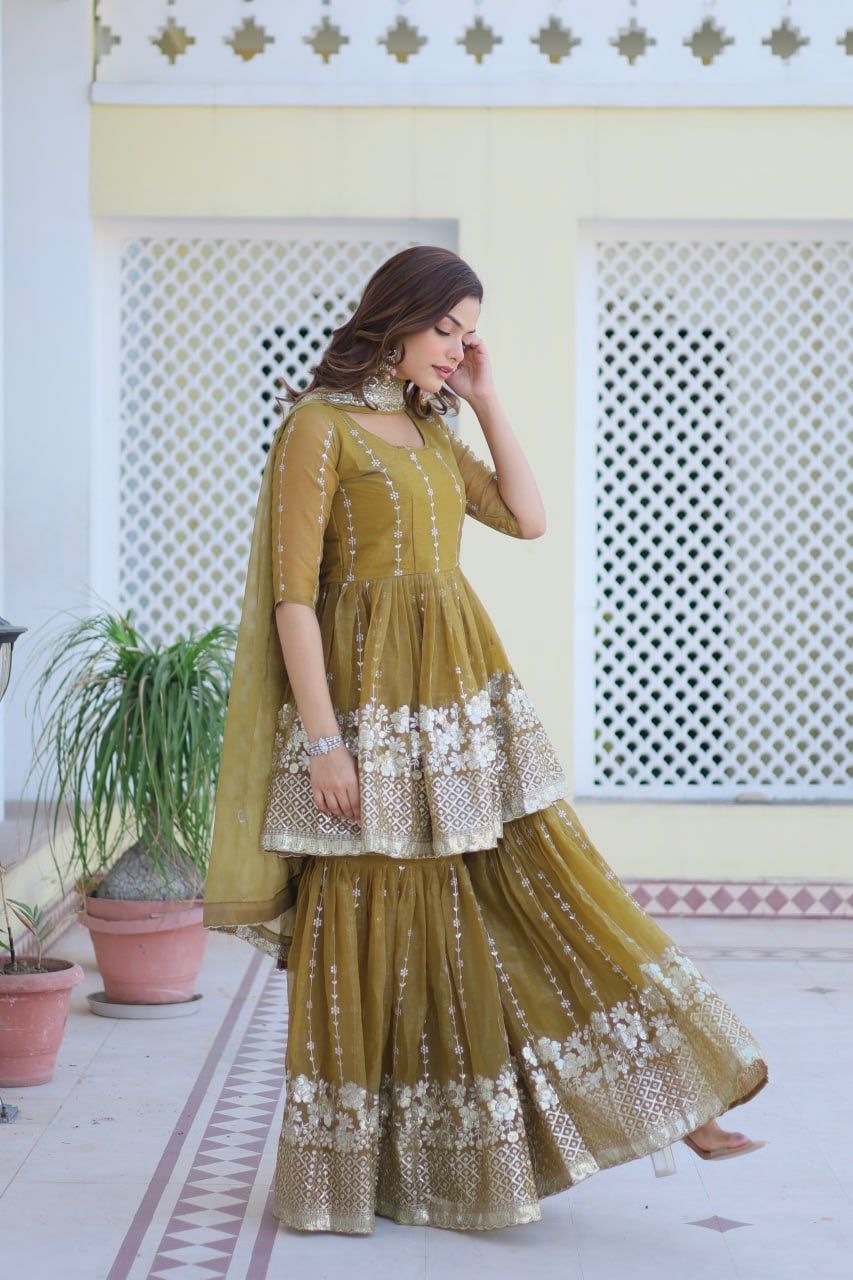 Fancy Mehndi Green Color Pure Simmar With Heavy 3mm Sequence Work Beautiful Sharara Suit
