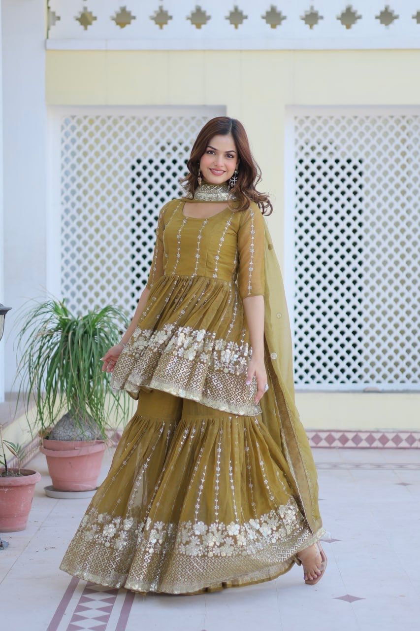 Fancy Mehndi Green Color Pure Simmar With Heavy 3mm Sequence Work Beautiful Sharara Suit