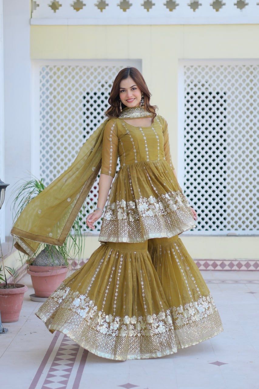 Fancy Mehndi Green Color Pure Simmar With Heavy 3mm Sequence Work Beautiful Sharara Suit