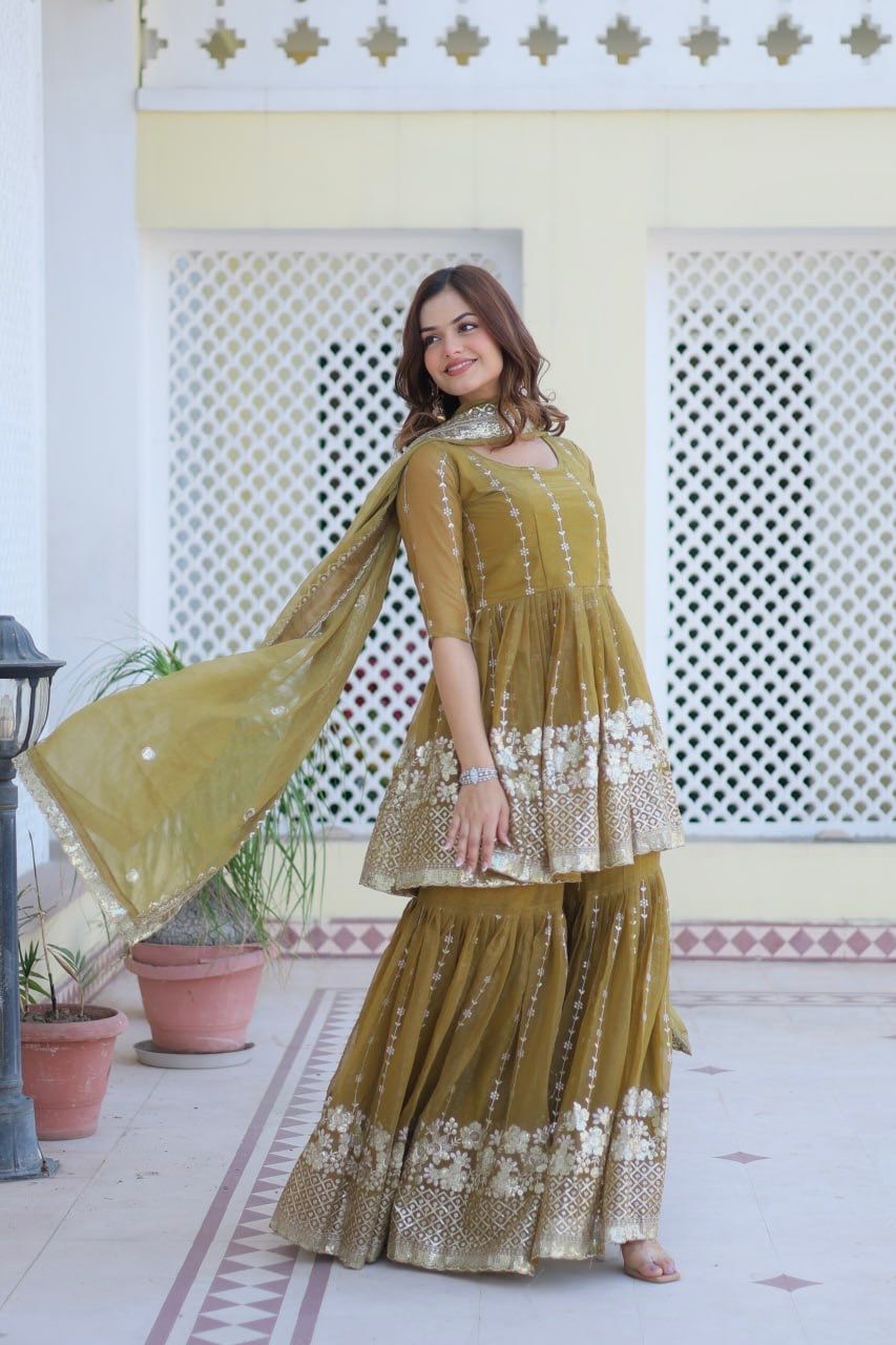 Fancy Mehndi Green Color Pure Simmar With Heavy 3mm Sequence Work Beautiful Sharara Suit