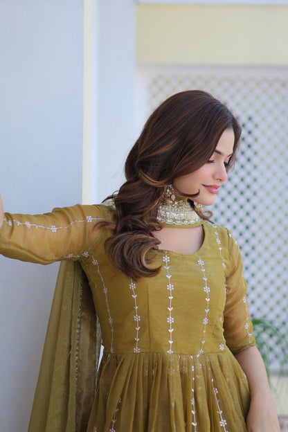 Fancy Mehndi Green Color Pure Simmar With Heavy 3mm Sequence Work Beautiful Sharara Suit