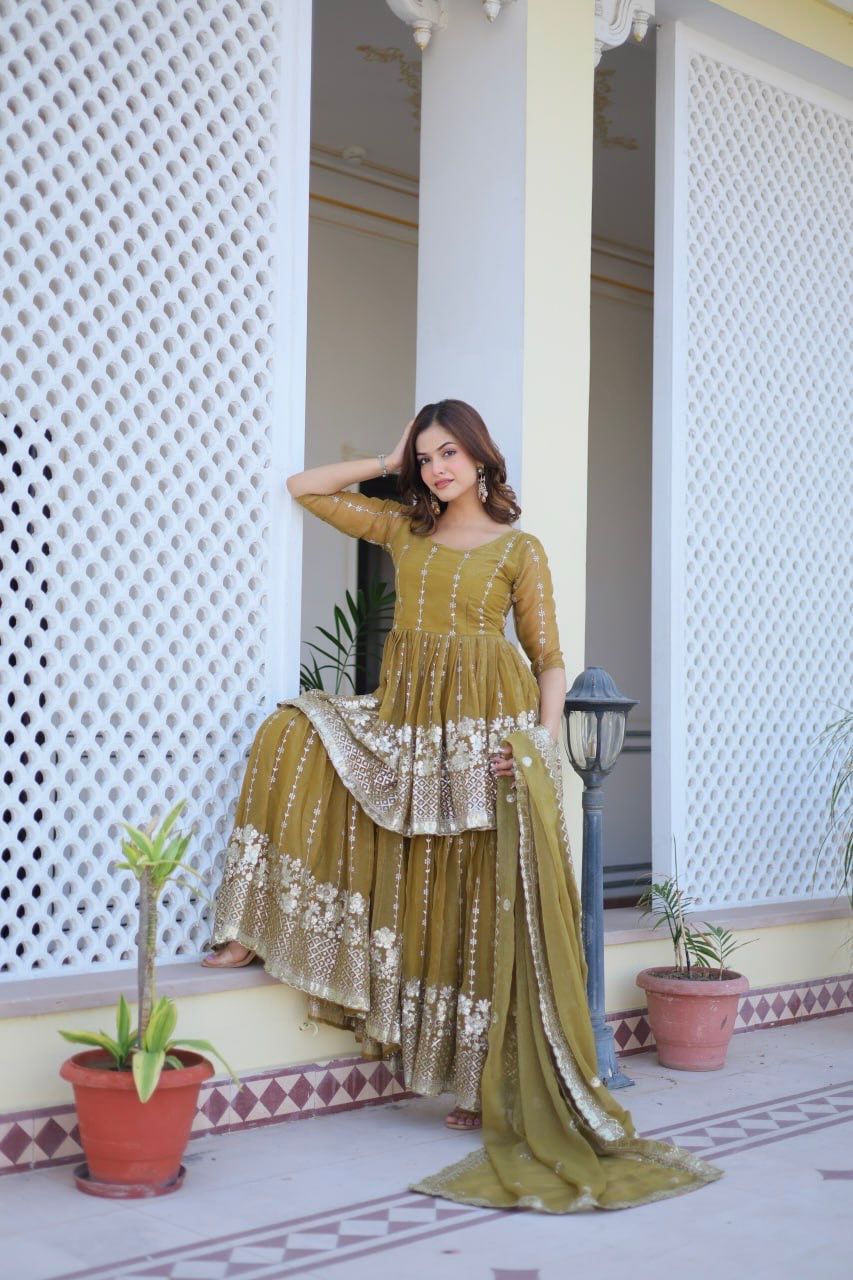 Fancy Mehndi Green Color Pure Simmar With Heavy 3mm Sequence Work Beautiful Sharara Suit