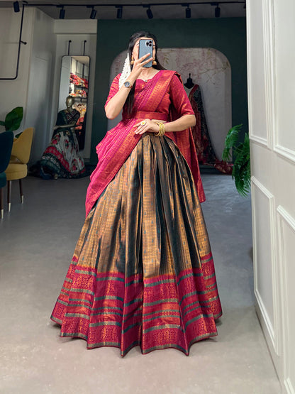 Firozi Color Zari Weaving Work Jacquard Silk Lehenga Choli
