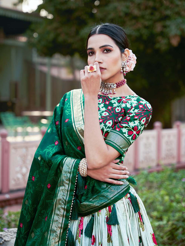 Green Color Floral And Patola Print With Foil Work Tussar Silk Lehenga Choli