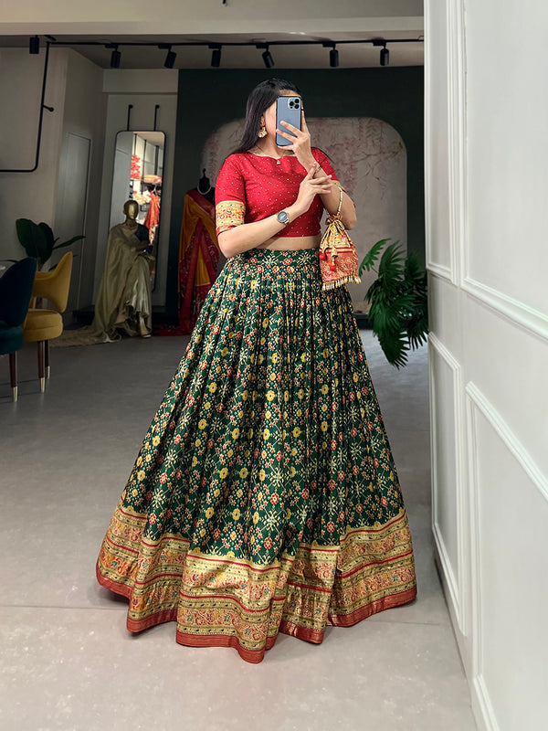 Green Color Foil Print And Embellish Stone Work Dola Silk Co-ord Set Lehenga