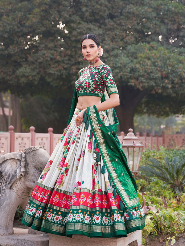 Green Color Floral And Patola Print With Foil Work Tussar Silk Lehenga Choli