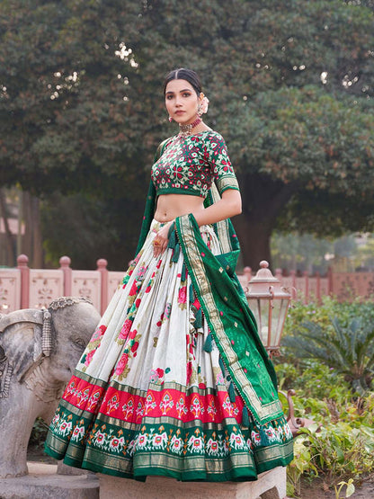 Green Color Floral And Patola Print With Foil Work Tussar Silk Lehenga Choli