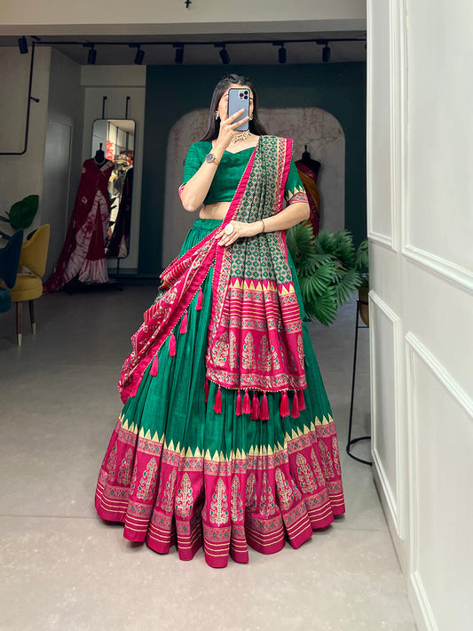 Green Color Print With Foil Work Tussar Silk Gujrati Lehenga Choli