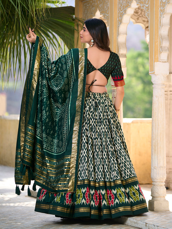 Green Color Ikkat Print With Foil Work Tussar Silk Lehenga Choli