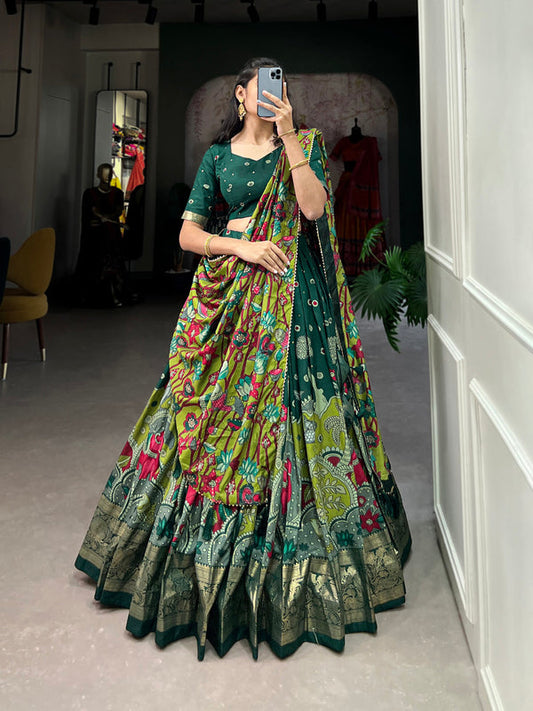 Green Color Kalamkari Print With Foil Work Tussar Silk Lehenga Choli