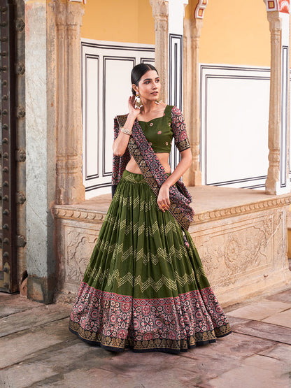 Green Color Dot And Ajrakh With Foil Work Tussar Silk Lehenga Choli
