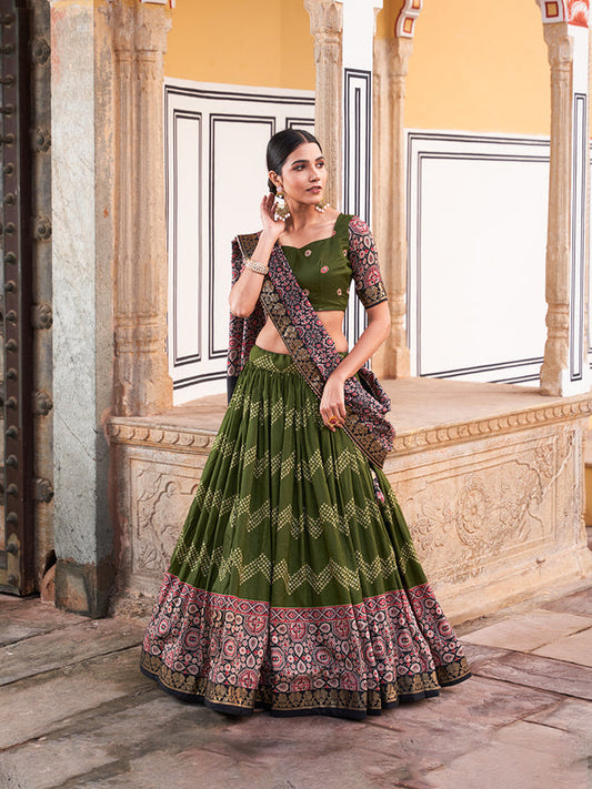 Green Color Dot And Ajrakh With Foil Work Tussar Silk Lehenga Choli