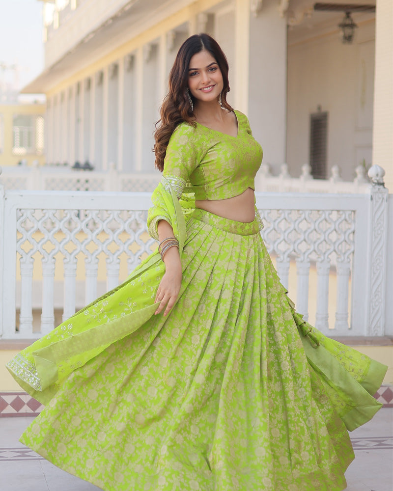 Pure Viscose Jacquard Green Lehenga Choli