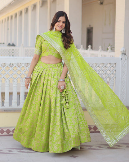 Pure Viscose Jacquard Green Lehenga Choli