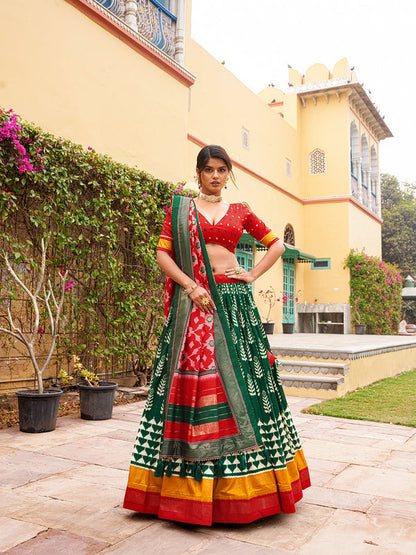 Green Color Print With Foil Work Tussar Silk Lehenga Choli