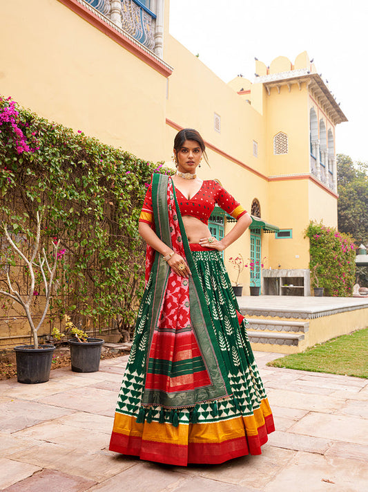 Green Color Print With Foil Work Tussar Silk Lehenga Choli