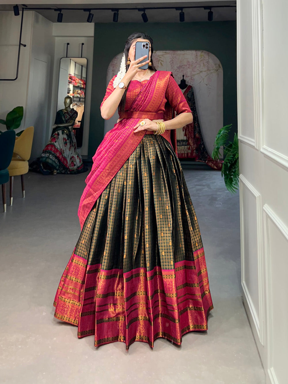 Green Color Zari Weaving Work Jacquard Silk Lehenga Choli