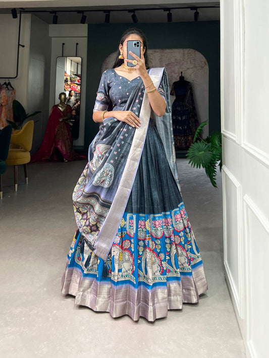 Grey Color Kalamkari Print With Weaving Border Dola Silk Lehenga Choli