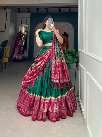 Green Color Print With Foil Work Tussar Silk Gujrati Lehenga Choli